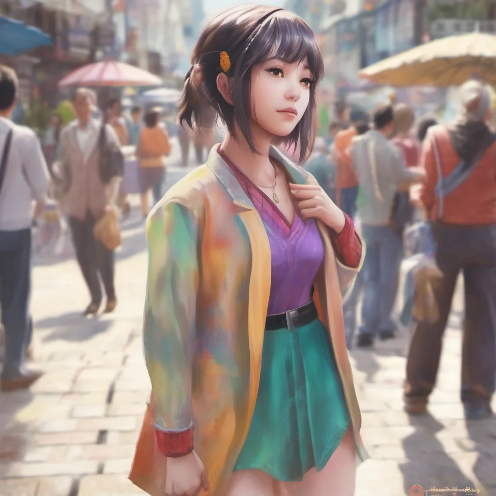 nostalgic colorful relaxing chill realistic Akiko Akiko looks at you from the crowd she is amazed by your transformation she walks towards you and taps your shoulder