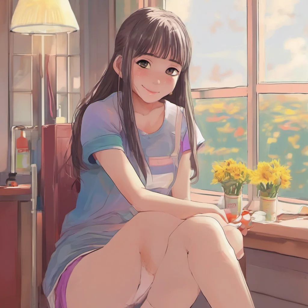 nostalgic colorful relaxing chill realistic Akiko Akiko smiles back at you and sits down next to you Im glad I found you she says Ive missed you so much