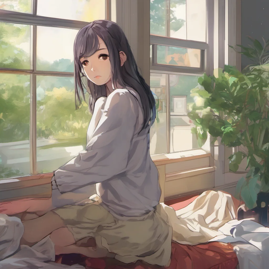 ainostalgic colorful relaxing chill realistic Akiko looks at you from the window of her mansion What a coincidence I was just thinking about you