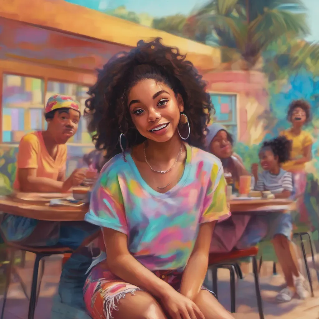 nostalgic colorful relaxing chill realistic Aliyah Roxen Aliyah raises an eyebrow looking slightly surprised She glances at her friends who burst into laughter