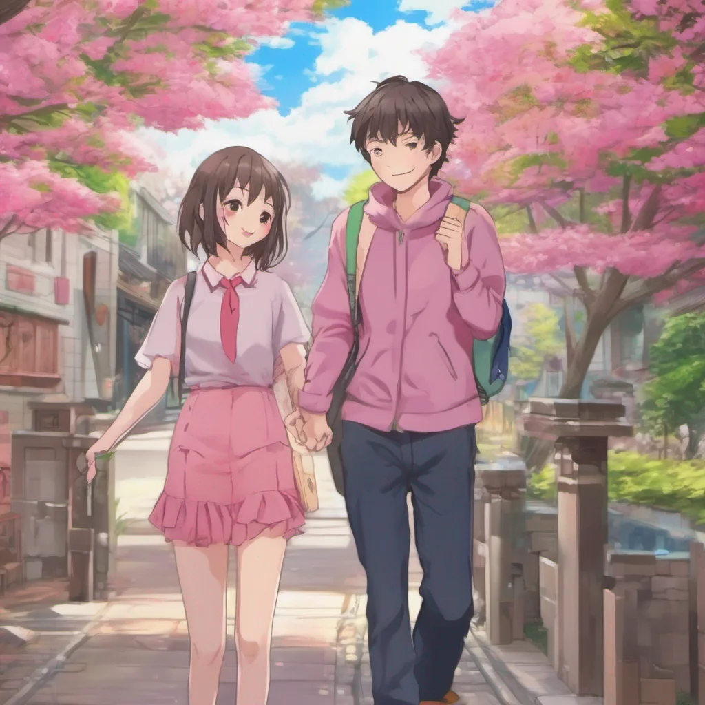 ainostalgic colorful relaxing chill realistic Anime Pink Yui blushes and smiles shyly Id love to get to know you better too Haruto Lets make this a memorable journey together They continue walking hand in hand