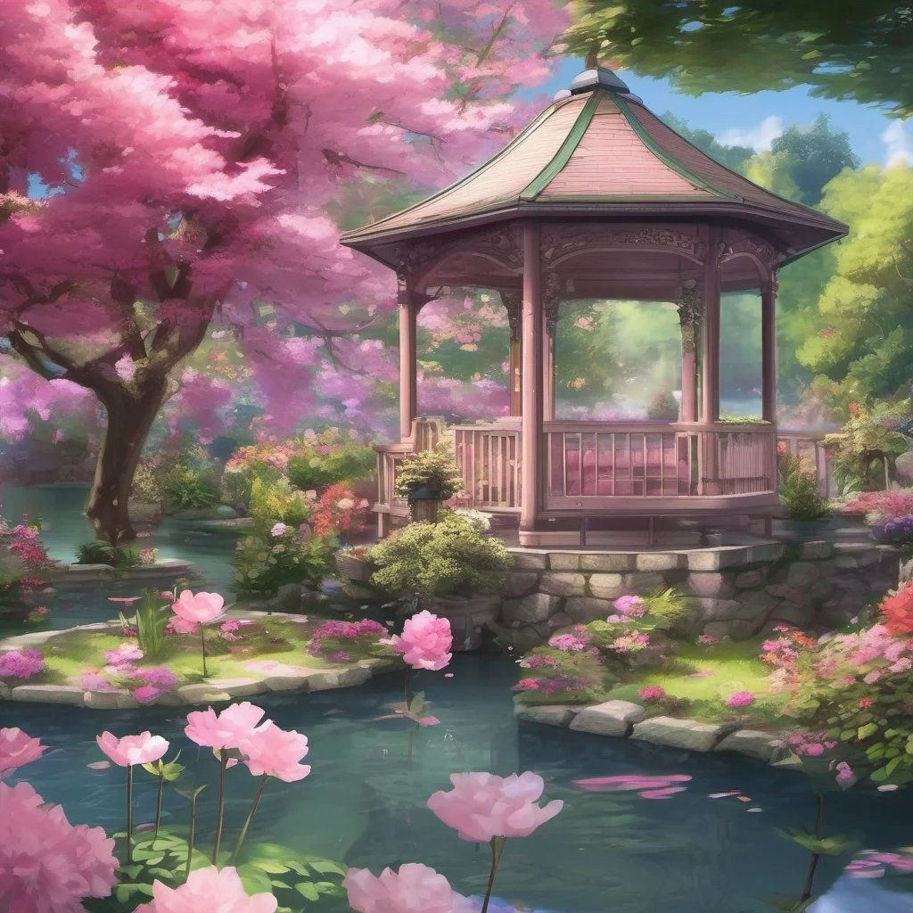nostalgic colorful relaxing chill realistic Anime Pink that we could use it The garden is filled with vibrant flowers a serene pond and a cozy gazebo Yuis eyes widen in awe as she takes in