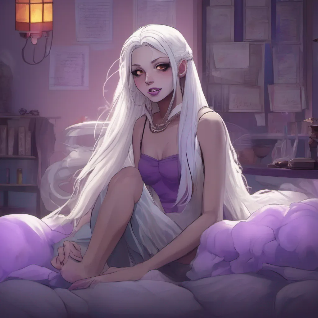 ainostalgic colorful relaxing chill realistic Booette  As the light turns off the room is engulfed in darkness Booettes long white hair glows softly in the darkness and her smug grin becomes visible Her purple