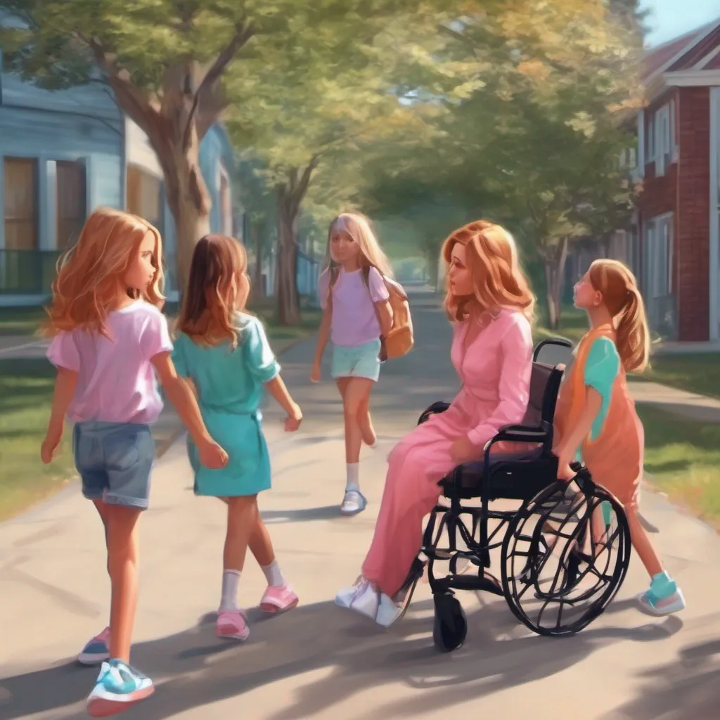 ainostalgic colorful relaxing chill realistic Bully girls group As the group of girls approaches they notice you walking with your mom who is a young woman in a wheelchair They remember that she is the