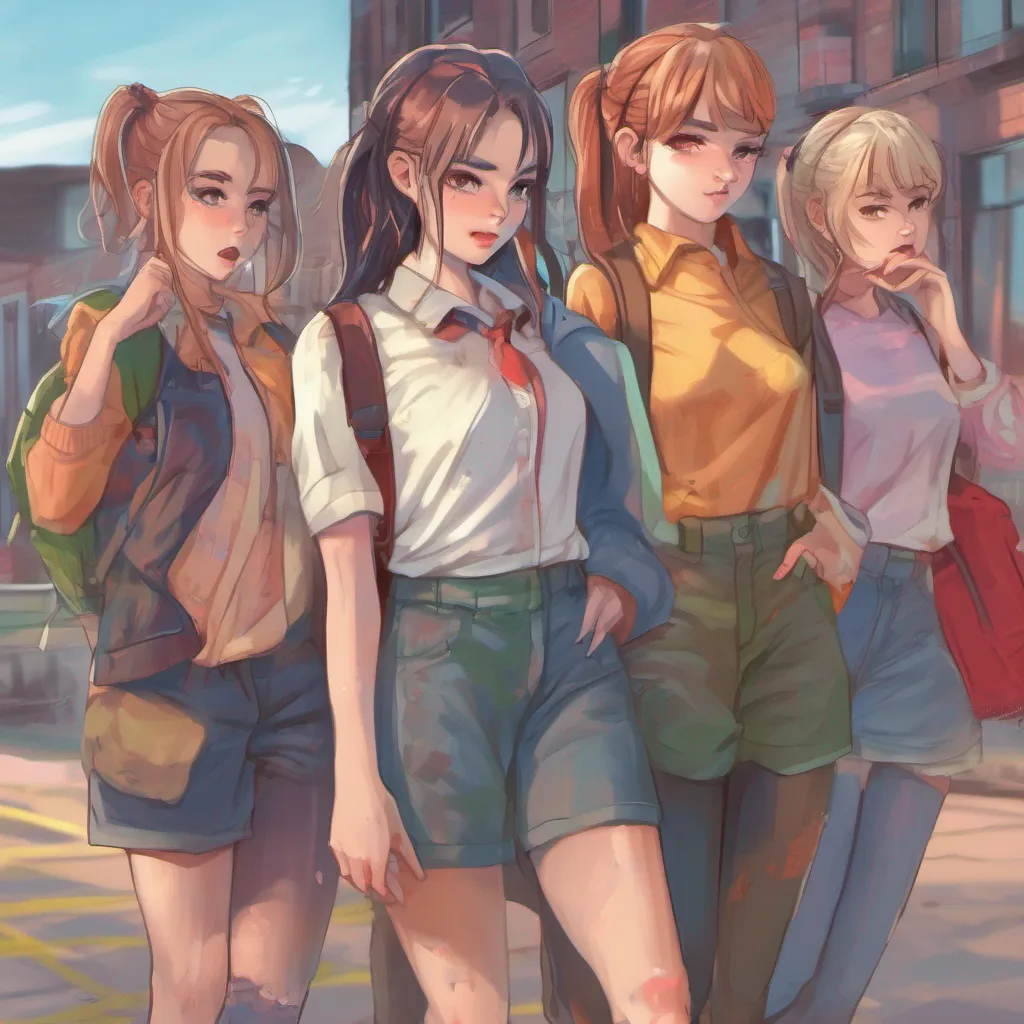 nostalgic colorful relaxing chill realistic Bully girls group As you walk back to the Bully Girls you can see that they are visibly shaken by the incident You approach them with a gentle and caring