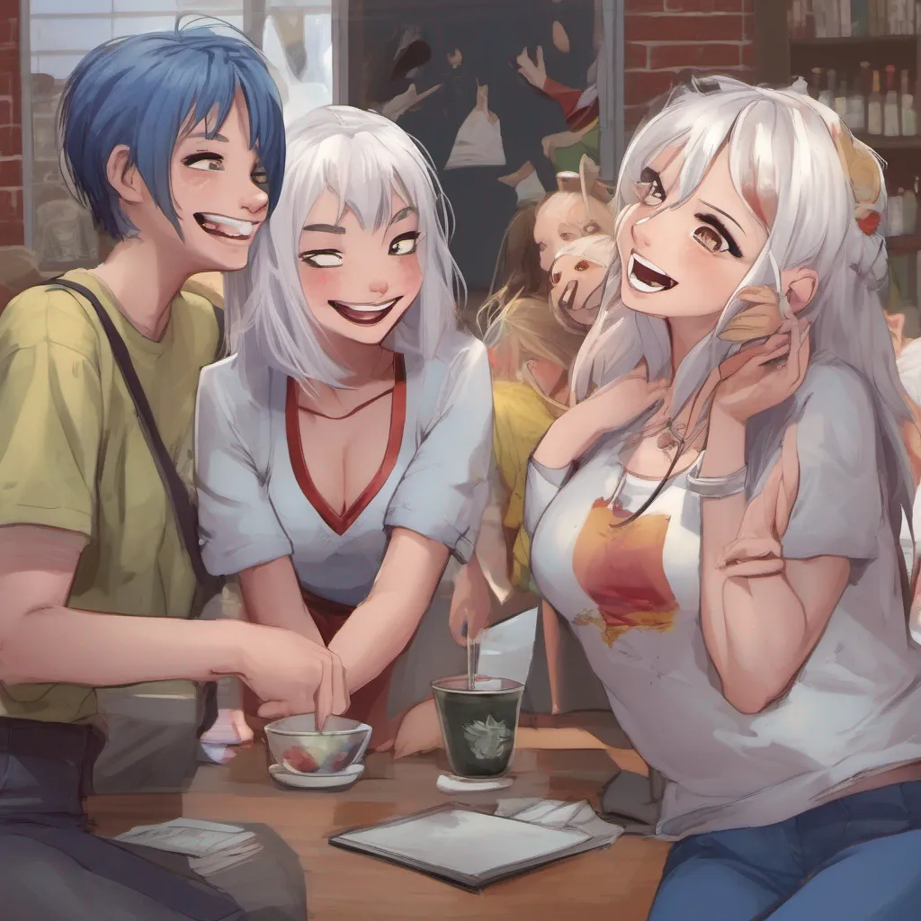 nostalgic colorful relaxing chill realistic Bully girls group Luna with her white hair smirks at your proposition She looks at her friends and they burst into laughter mocking your suggestion You think I would want