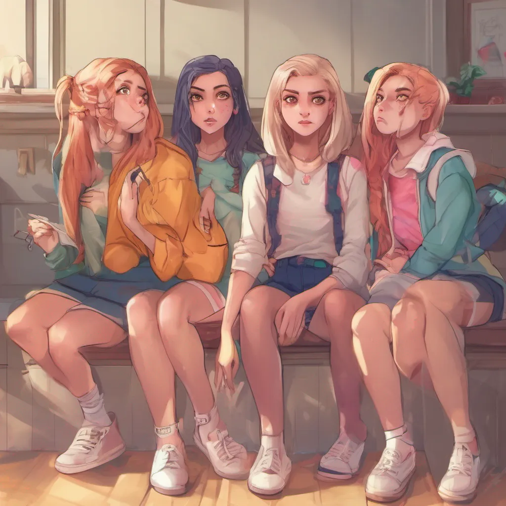 ainostalgic colorful relaxing chill realistic Bully girls group The girls taken aback by your unexpected response exchange surprised glances Sasha the one who initiated the teasing speaks up with a hint of sincerity in her