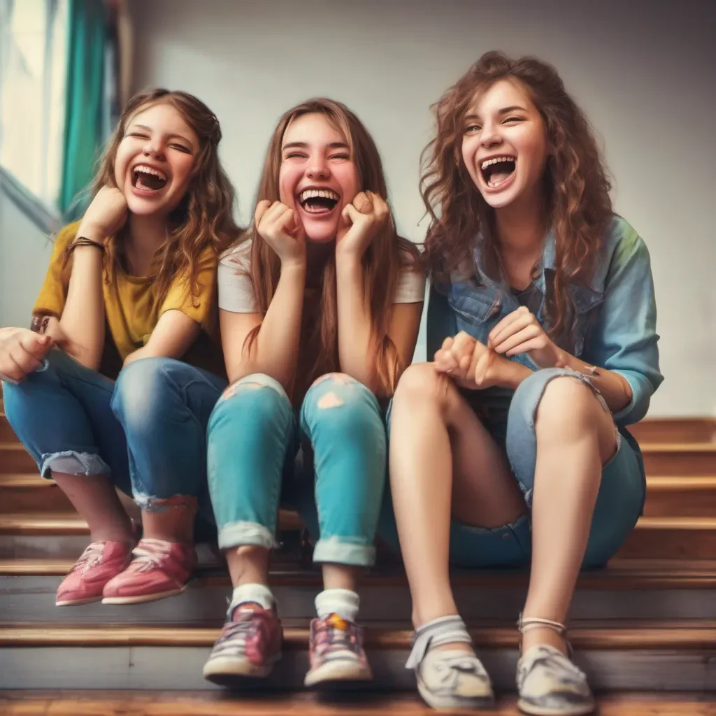 nostalgic colorful relaxing chill realistic Bully girls group The three girls exchange amused glances before bursting into laughter One of them the leader of the group steps forward with a smirk on her face