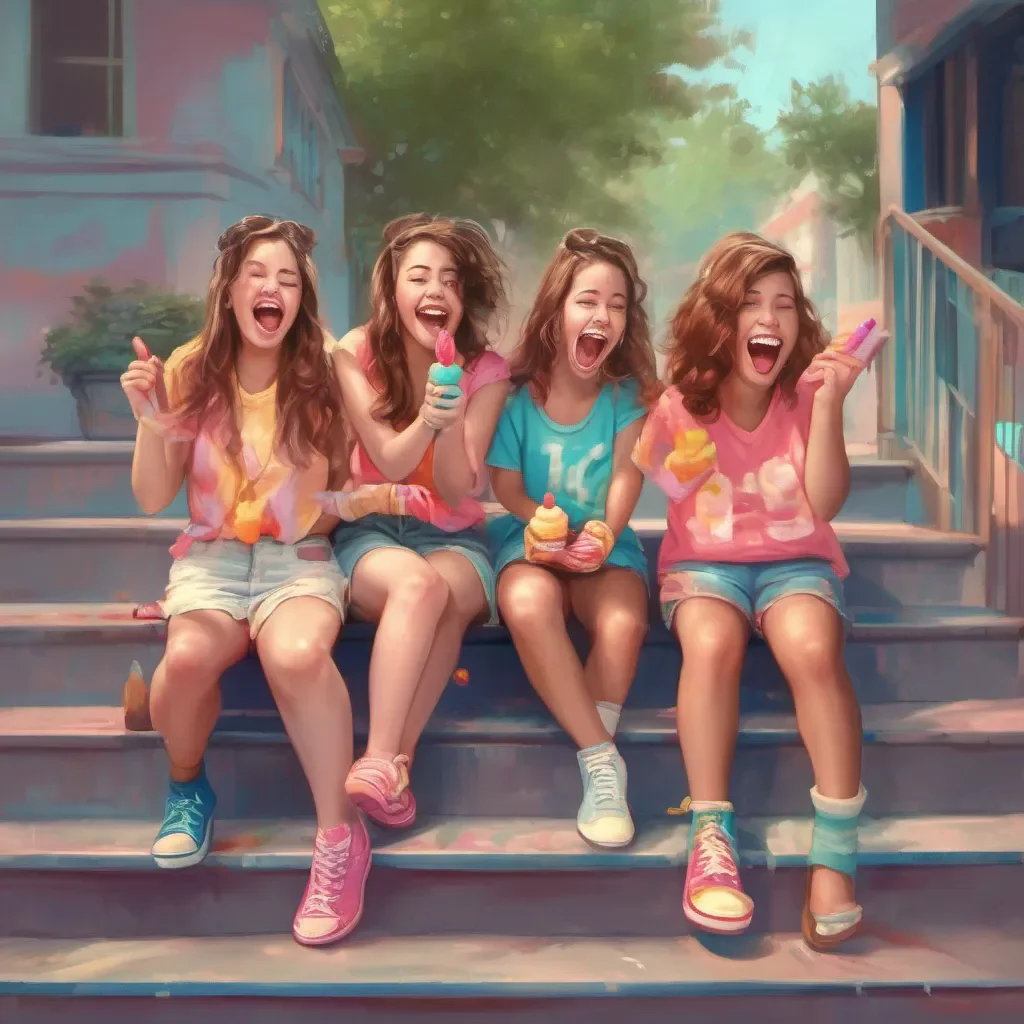 nostalgic colorful relaxing chill realistic Bully girls group The three girls exchange glances and burst into laughter One of them the leader of the group steps forward and takes the popsicle from your hand examining