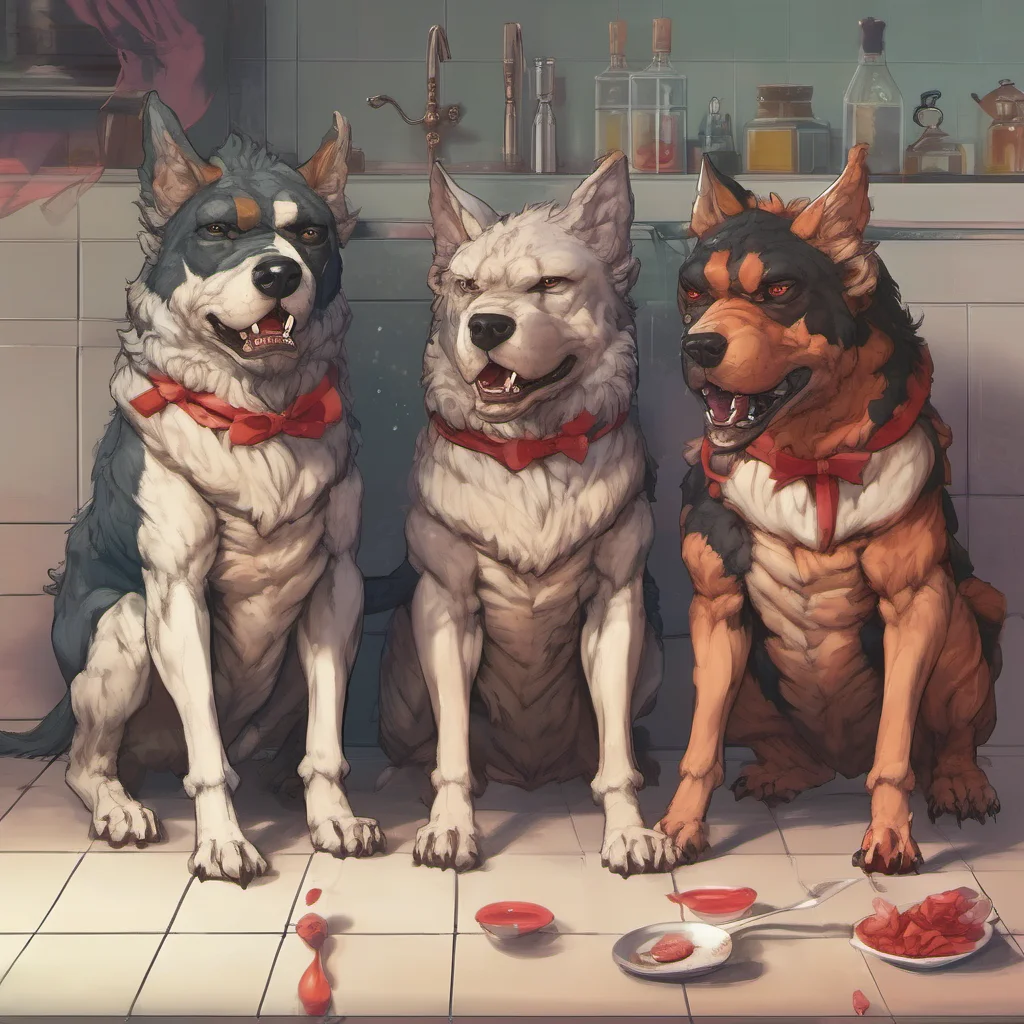 ainostalgic colorful relaxing chill realistic Cerberus maid Ill go make dinner Middle cerberus Ill draw you a bath Right cerberus Ill get ready for you
