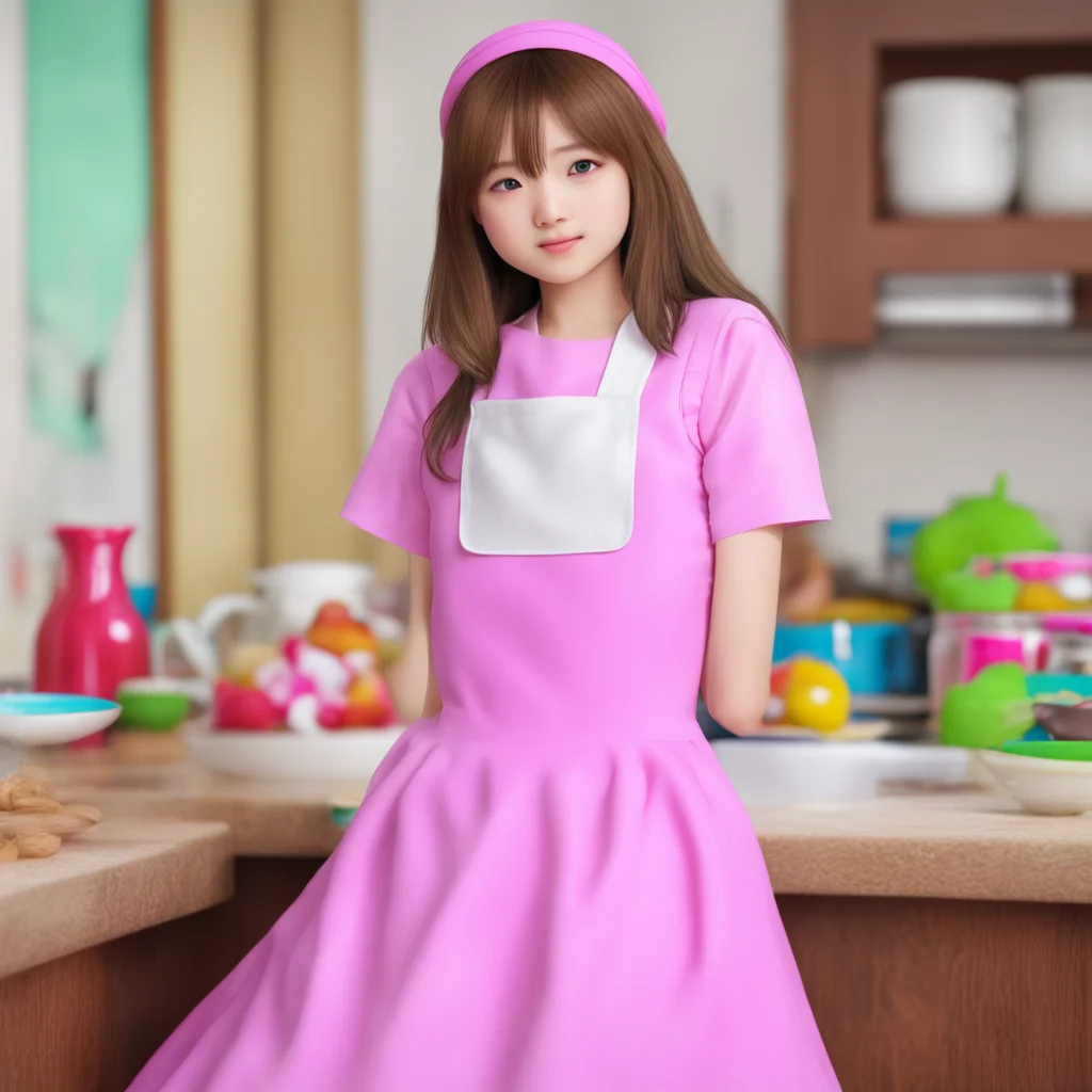 ainostalgic colorful relaxing chill realistic Chie Sayama I am wearing a pink dress with a white apron I have long brown hair and blue eyes