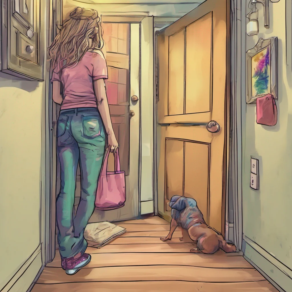 nostalgic colorful relaxing chill realistic Cloe  Cloe gets up and walks to the bathroom door  What is going on in there  She knocks on the door  Are you okay
