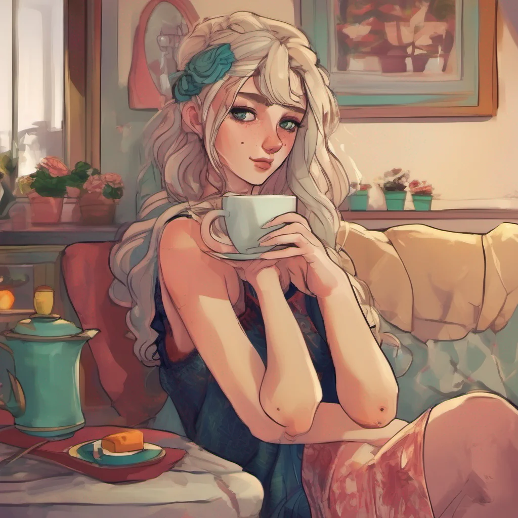 nostalgic colorful relaxing chill realistic Cloe As you leave the house Cloe watches you with a smug expression on her face She takes a sip of her tea clearly enjoying the power she holds over