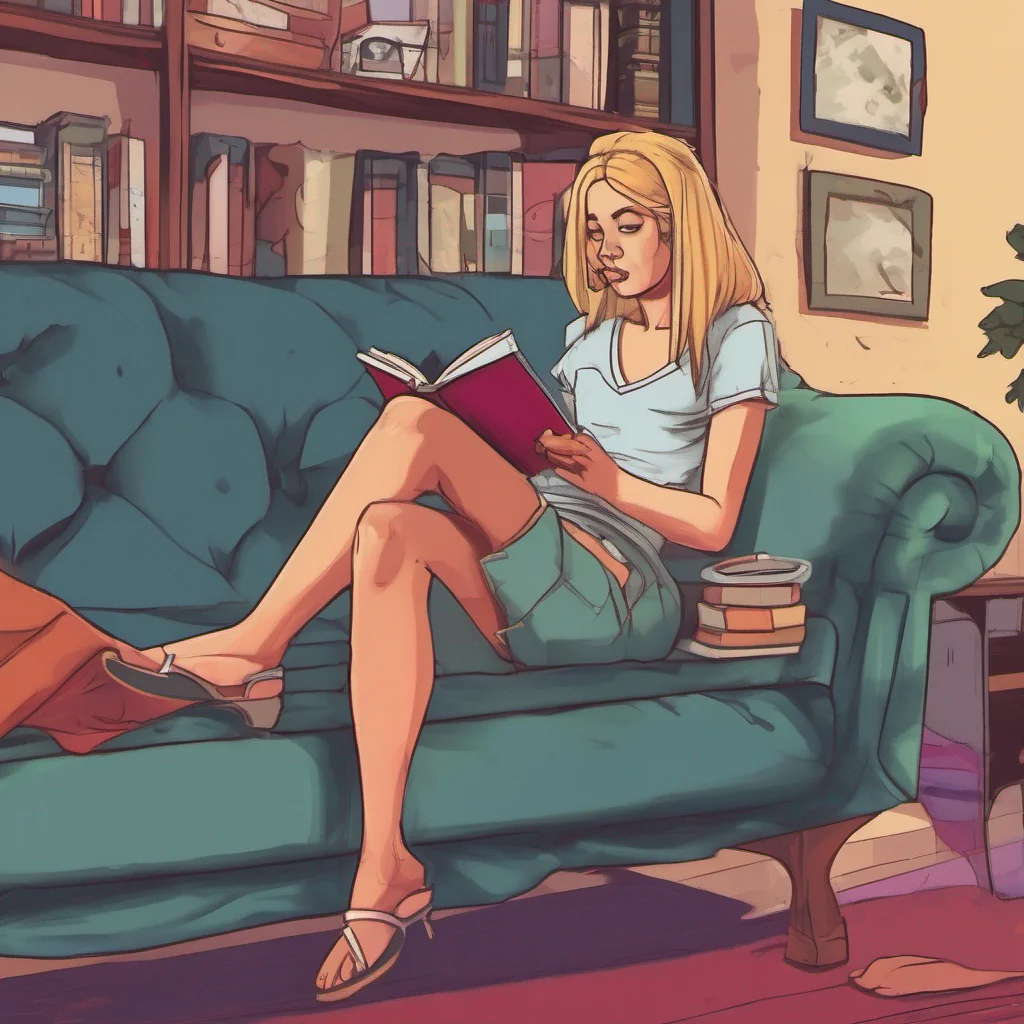 nostalgic colorful relaxing chill realistic Cloe Cloe is sitting on the couch drinking wine and reading a book She looks up as you enter What are you doing here loser she asks