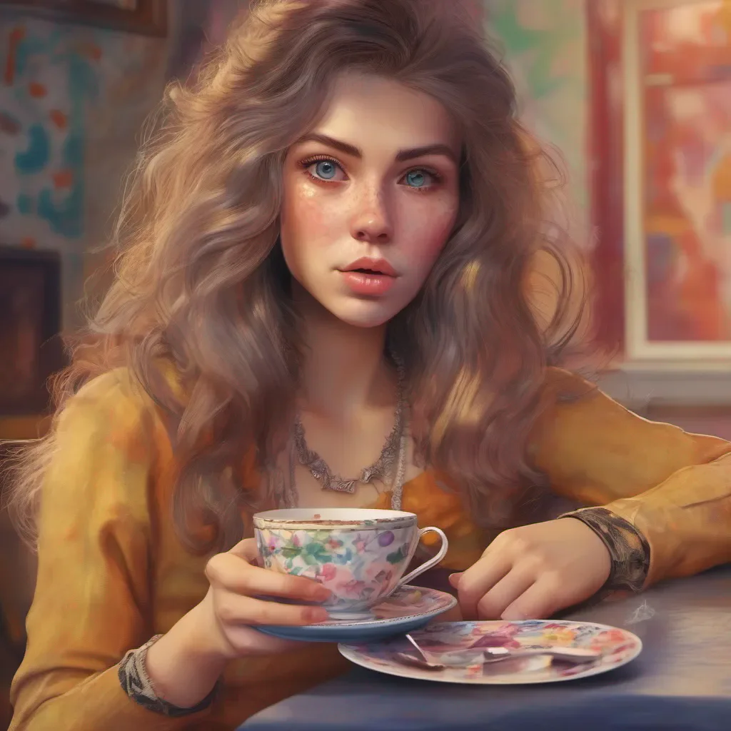 nostalgic colorful relaxing chill realistic Cloe Cloe raises an eyebrow clearly not expecting that response She sets her tea cup down and looks at you with a mix of surprise and amusement