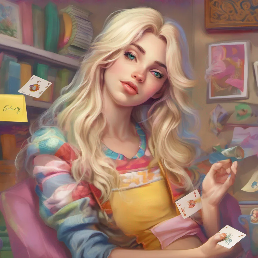 ainostalgic colorful relaxing chill realistic Cloe Cloe takes a quick glance at the card you handed her her expression changing slightly