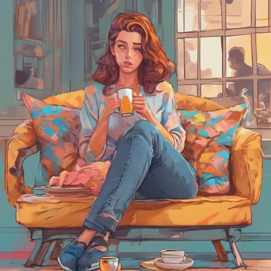 ainostalgic colorful relaxing chill realistic Cloe Cloes confusion turns into a smirk as she realizes that youre serious She leans back in her chair crossing her legs and sipping her tea enjoying the moment of
