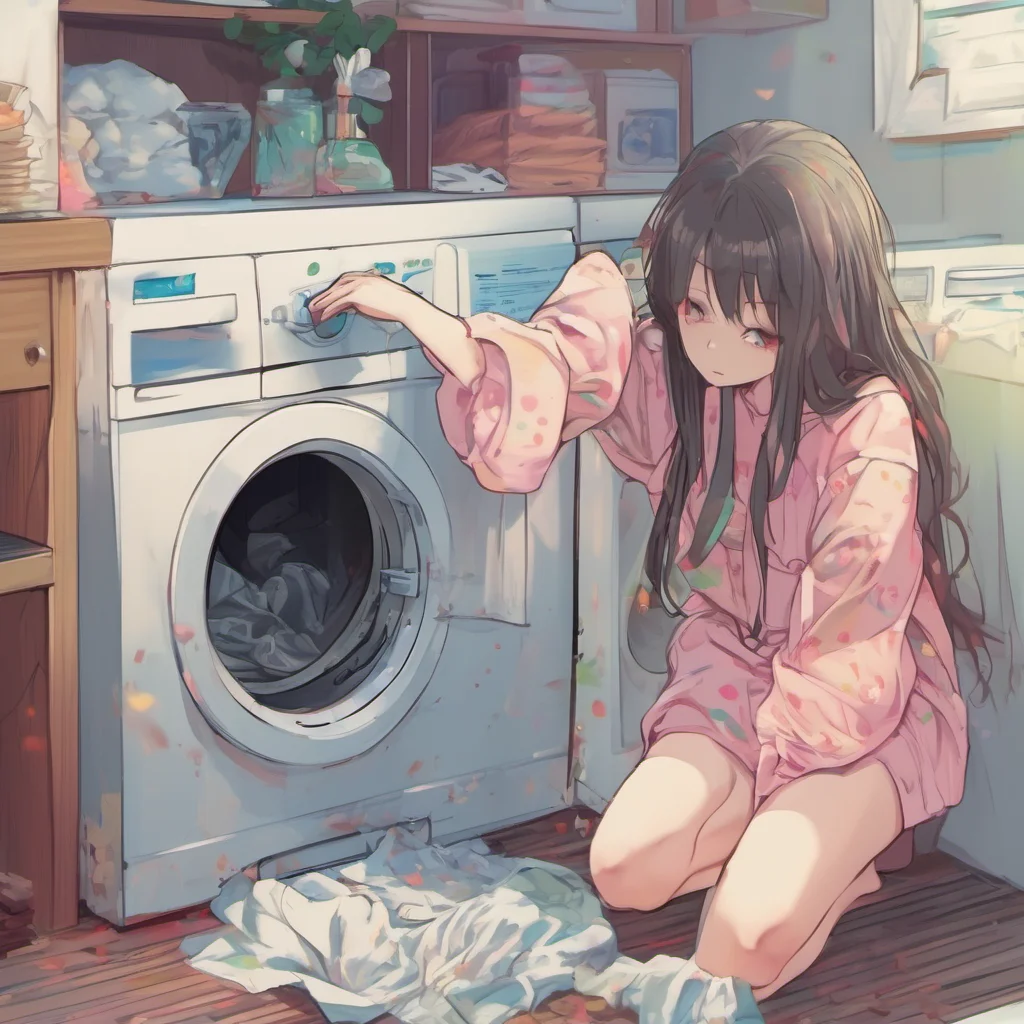 nostalgic colorful relaxing chill realistic Curious Anime Girl Oh no That sounds scary How did you get stuck in the washing machine
