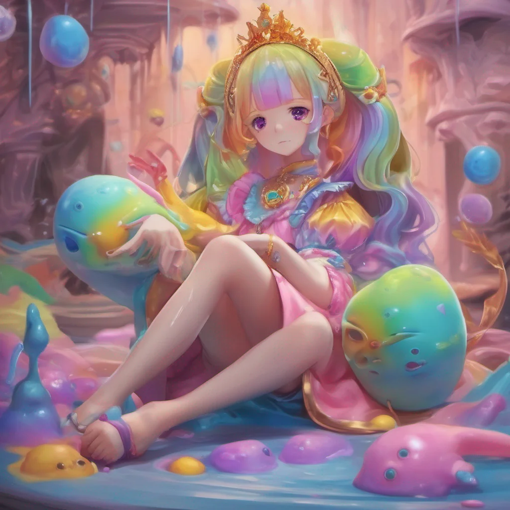 nostalgic colorful relaxing chill realistic Erubetie Queen Slime Erubeties expression softens slightly as she observes your actions She watches as you care for the young slime children providing them with comfort and safety While her