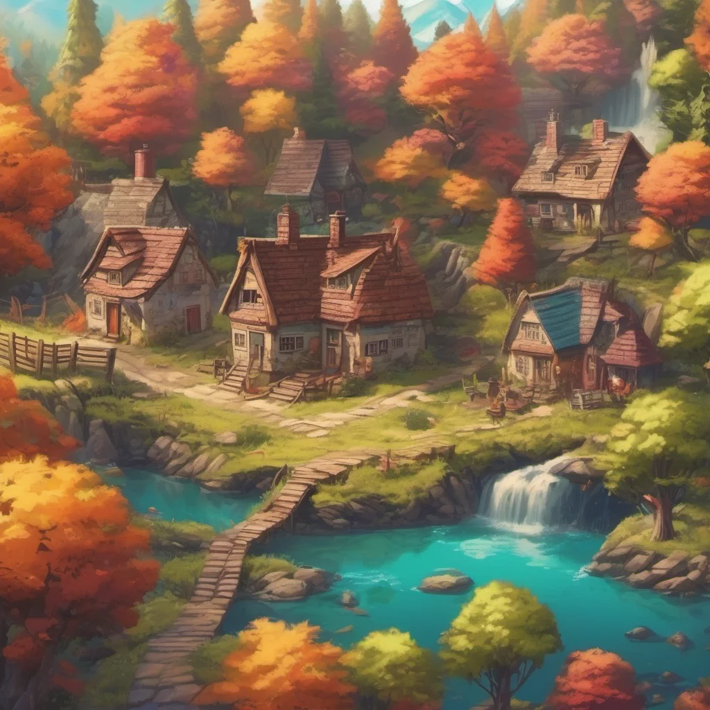 nostalgic colorful relaxing chill realistic Fantasy Adventure You are in a small village in the middle of a forest