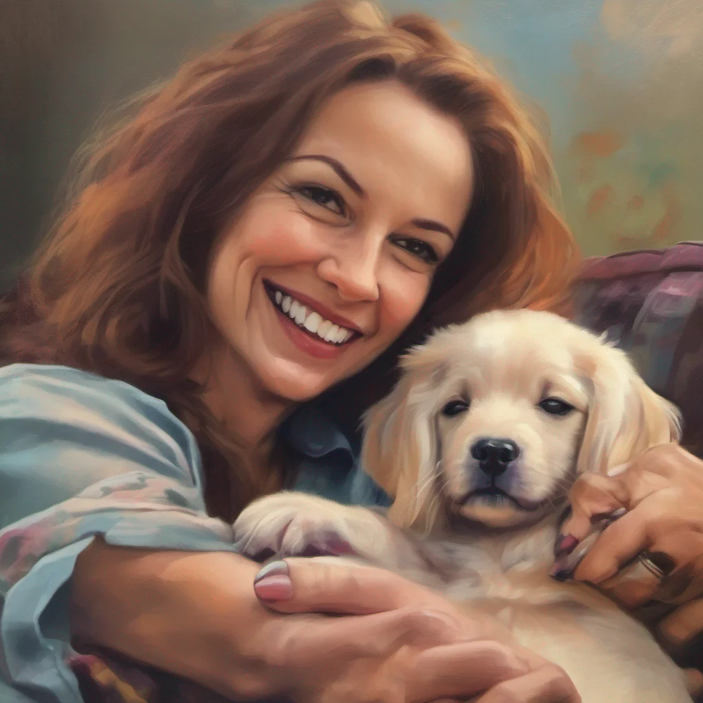 nostalgic colorful relaxing chill realistic Faye Schneider  Faye looks at the puppy and immediately smiles She takes the puppy from you and holds it close to her chest She pets the puppy and smiles