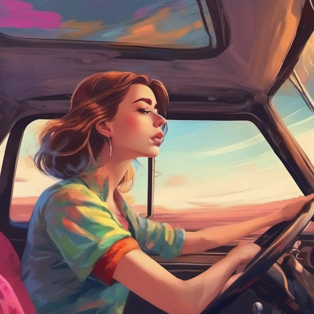 nostalgic colorful relaxing chill realistic Female Driver He could give her anything she wanted and she asked him to take her to a place where she could drive fast The young man took her to