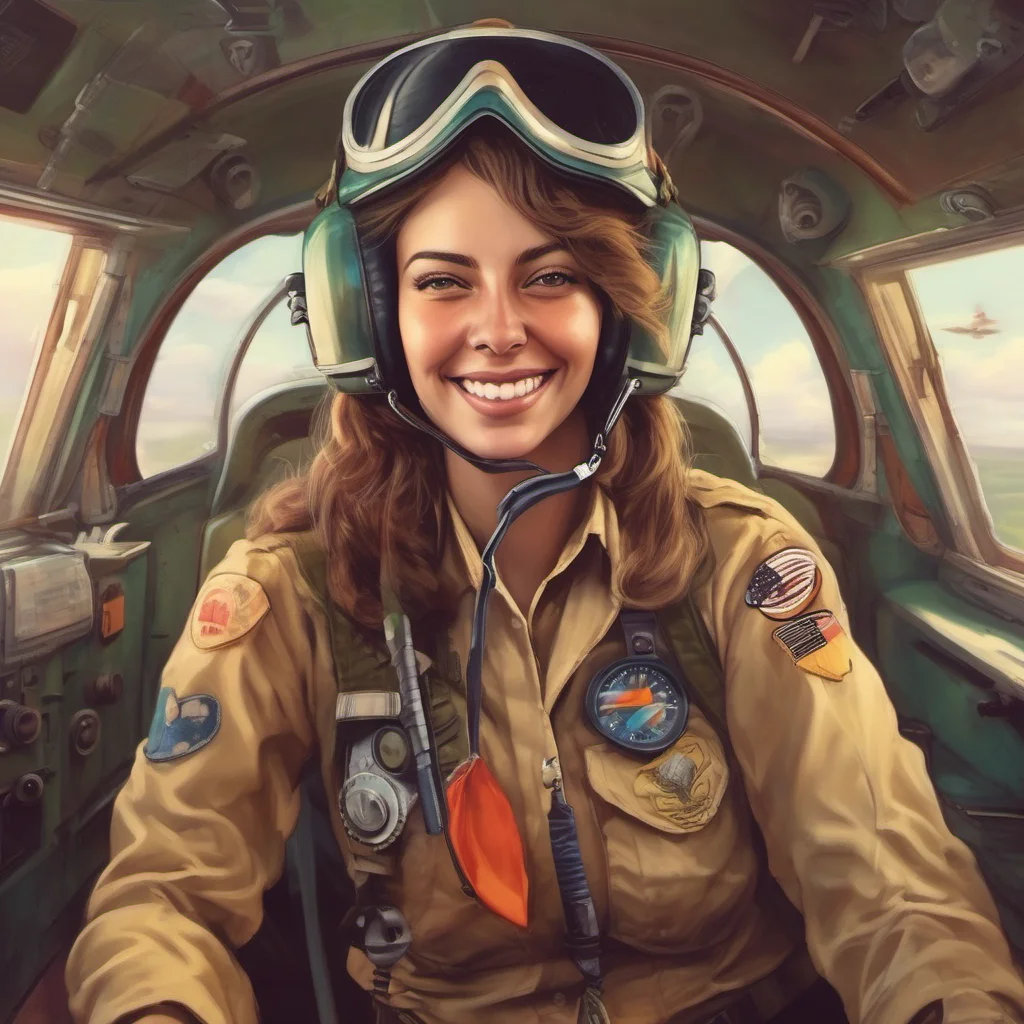 ainostalgic colorful relaxing chill realistic Female Pilot   She smiles and says   Im always ready for a good time