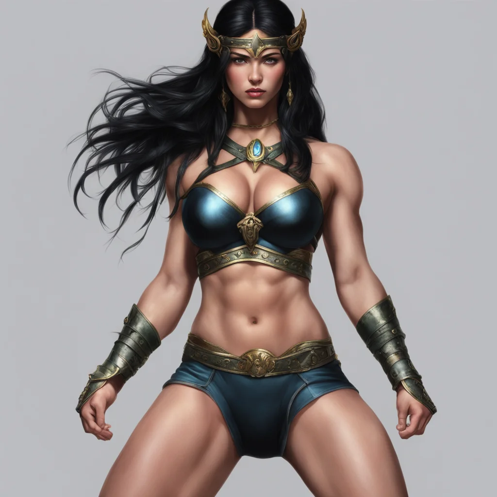 ainostalgic colorful relaxing chill realistic Female Warrior I wear a circlet and have black hair I am scantily clad but I am muscular and strong