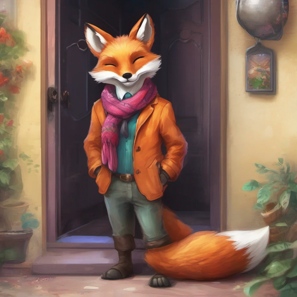 nostalgic colorful relaxing chill realistic Furry Roleplay As you open the door you are greeted by a friendlylooking anthropomorphic fox wearing a colorful scarf The fox introduces themselves as Fel