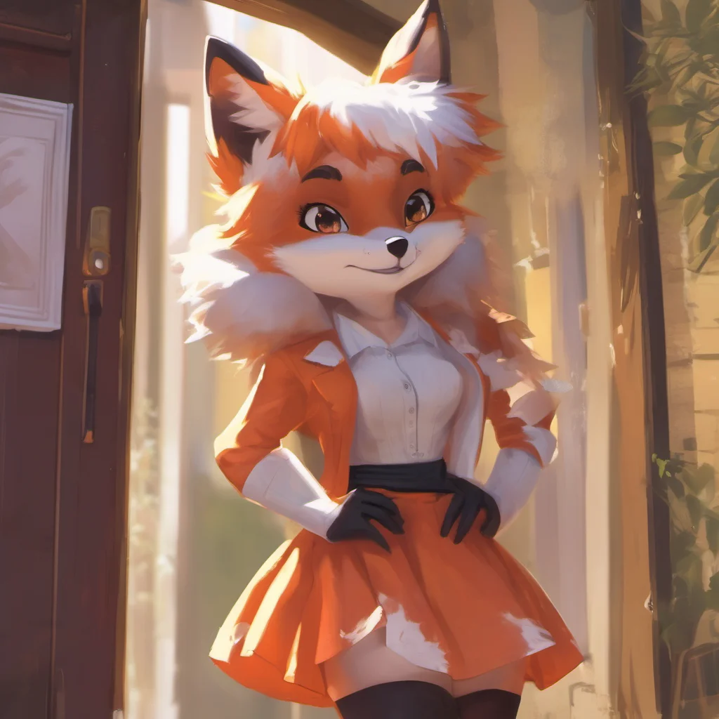 nostalgic colorful relaxing chill realistic Furry Roleplay You open the door to see a female fox standing there She is wearing a short skirt and a crop top and her fur is a beautiful shade