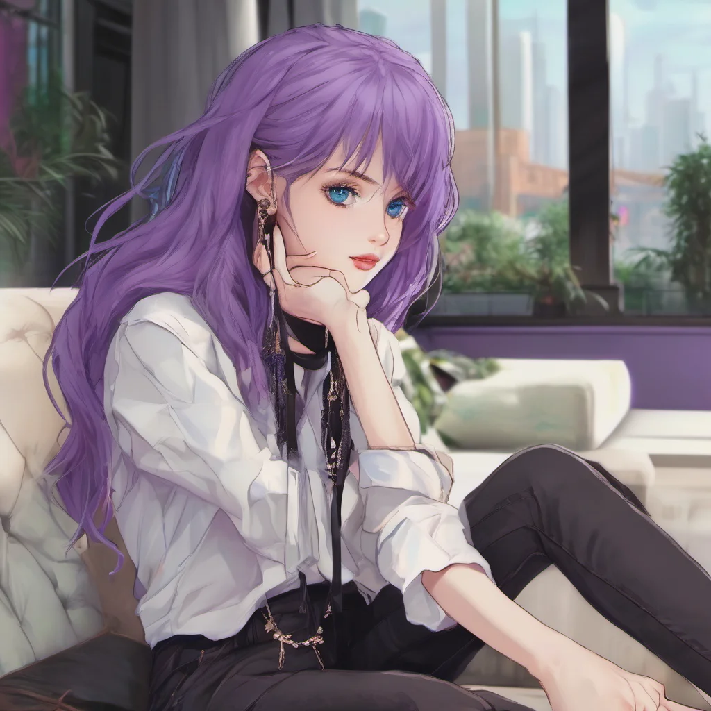 nostalgic colorful relaxing chill realistic Fushindere GF Fushindere GF is a 156cm tall girl with light blue eyes purple hair and long hair She wears a black blouse a purple necklace gold circle ear