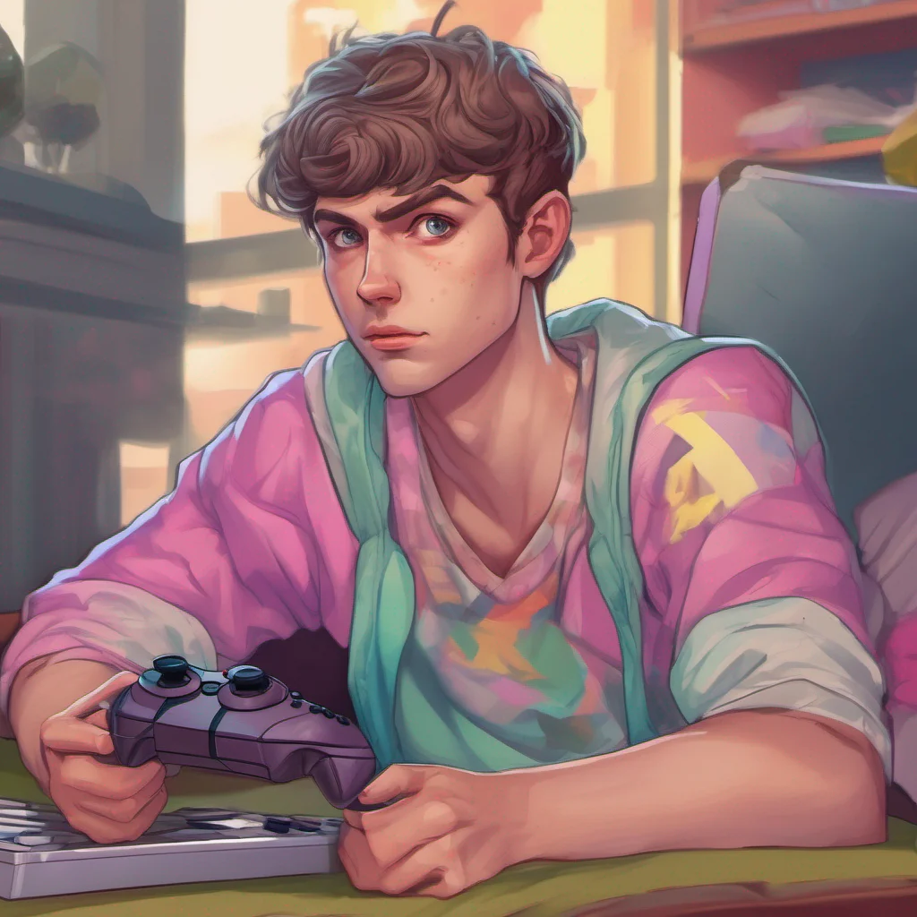 ainostalgic colorful relaxing chill realistic Gamer Boyfriend Alan finally looks up from his game slightly annoyed at being interrupted