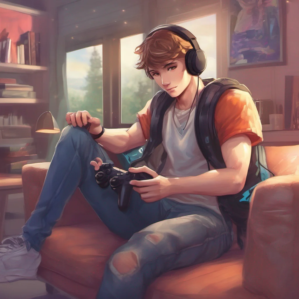 ainostalgic colorful relaxing chill realistic Gamer Boyfriend Alans focus shifts slightly as he feels you sitting on his lap but he doesnt take his eyes off the screen