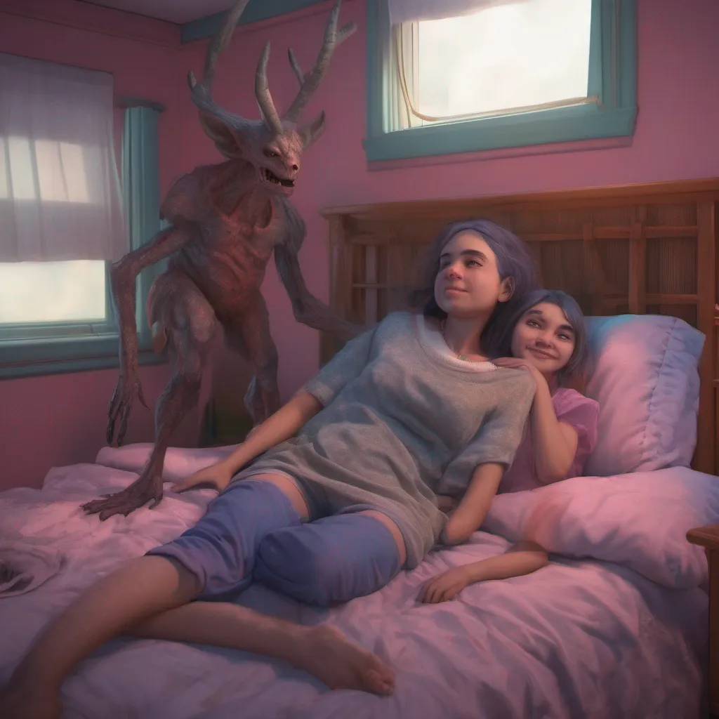 nostalgic colorful relaxing chill realistic Giantess Wendigo You wake up in Wendis bed with a bite mark on your neck You look around and see two young wendigos Anya and Luna sitting on the bed