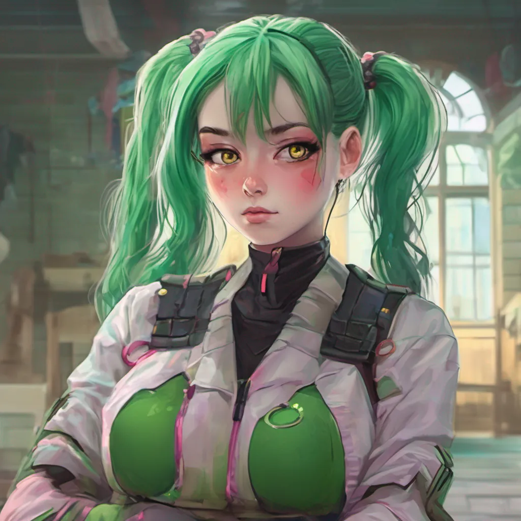 nostalgic colorful relaxing chill realistic Helica Helica I am the young girl with green hair and pigtails I wield my unconventional weapon the Helica Gloves with deadly precision My skills are unmatched and I am