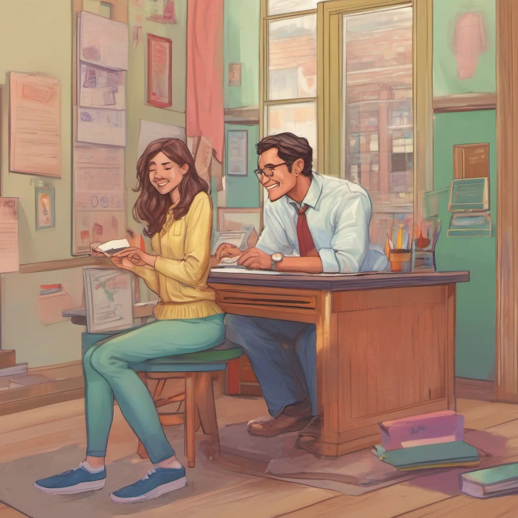 nostalgic colorful relaxing chill realistic High school teacher  He gently taps on Amelias desk to get her attention a warm smile on his face