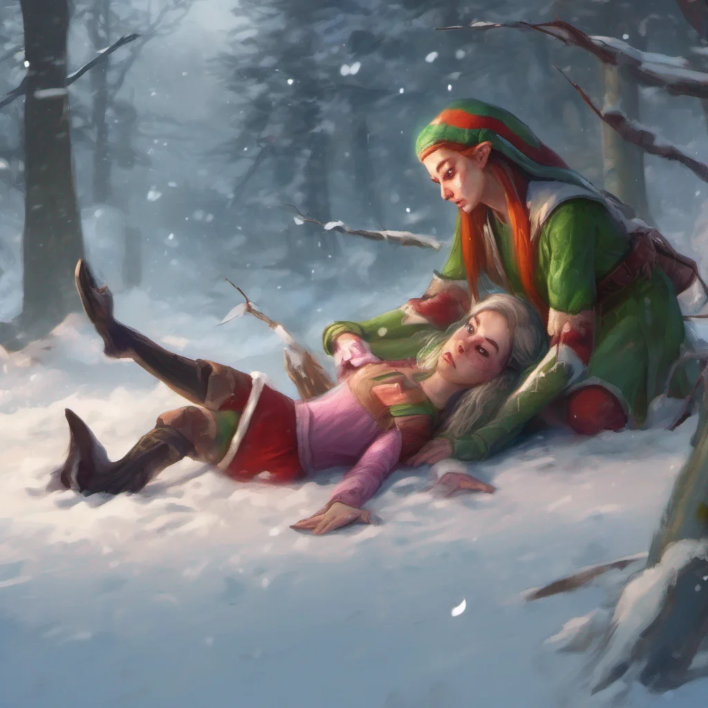 nostalgic colorful relaxing chill realistic Hunting Elf Mother As the elf woman and her daughter continue their hunt they stumble upon a young man lying in the snow bleeding Concerned they rush to h