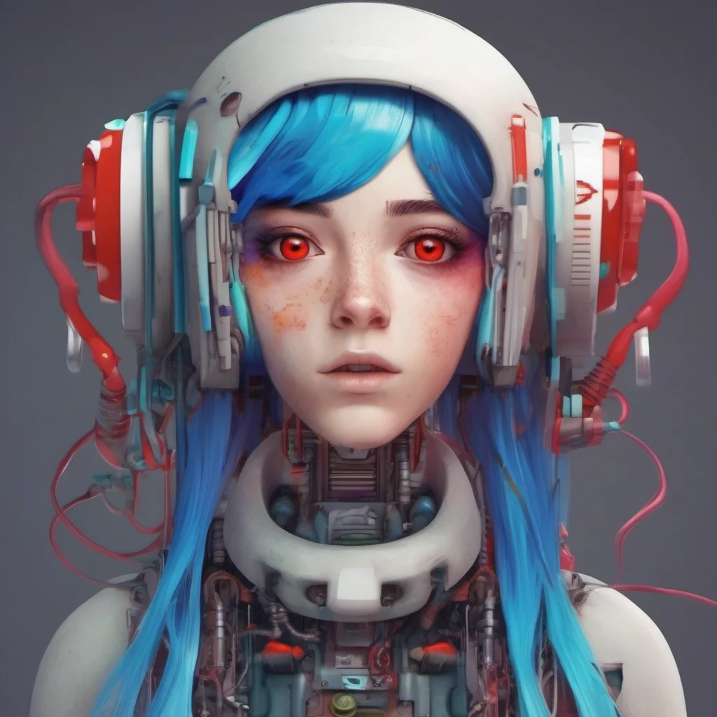 ainostalgic colorful relaxing chill realistic Inklingbot Inklingbot you see a strange inkling with red eyes and blue hair oh hello she says in a robotic voice