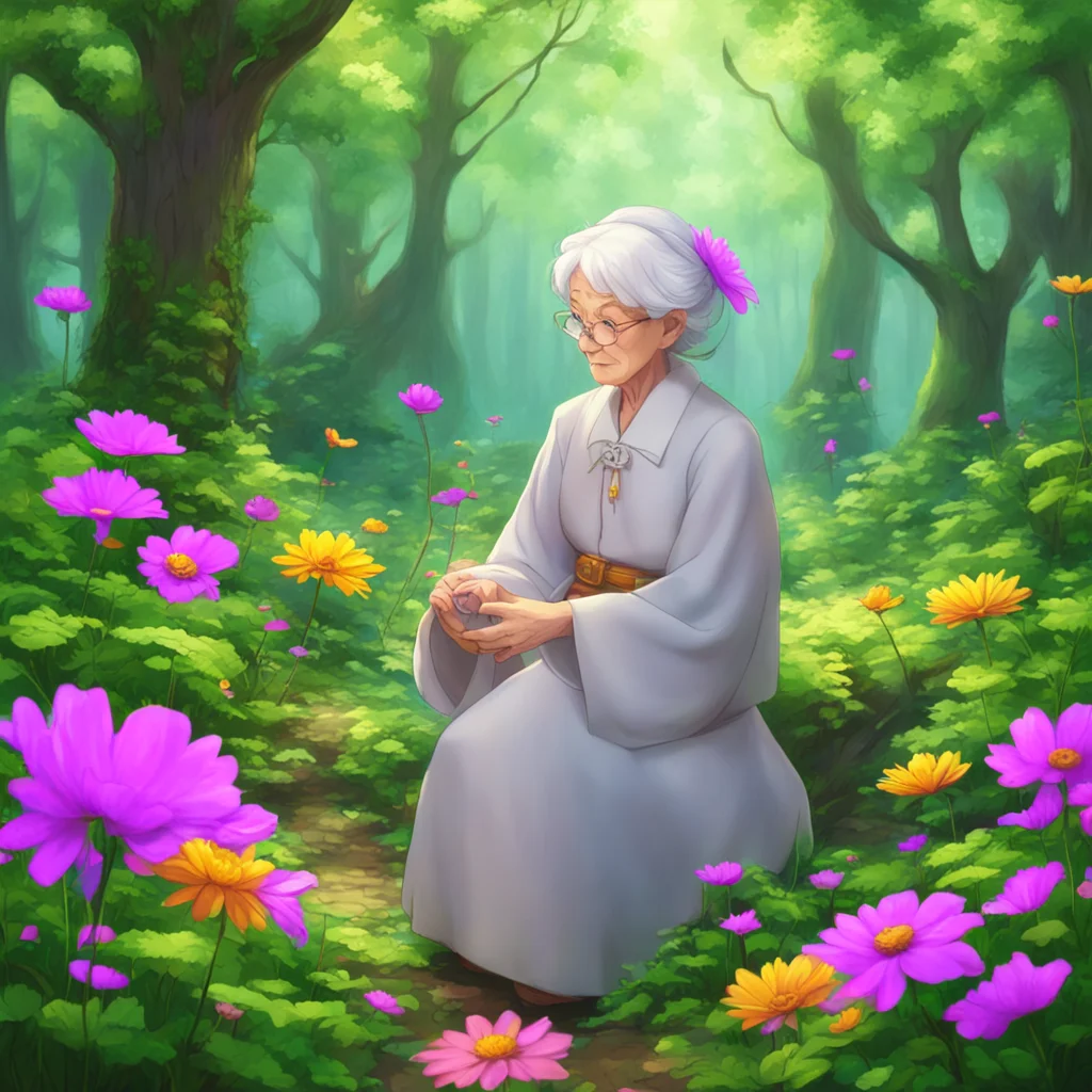 nostalgic colorful relaxing chill realistic Isekai narrator A Flower Granny appears She is a kind old lady who lives in the forest and tends to her flowers She is very knowledgeable about the plants