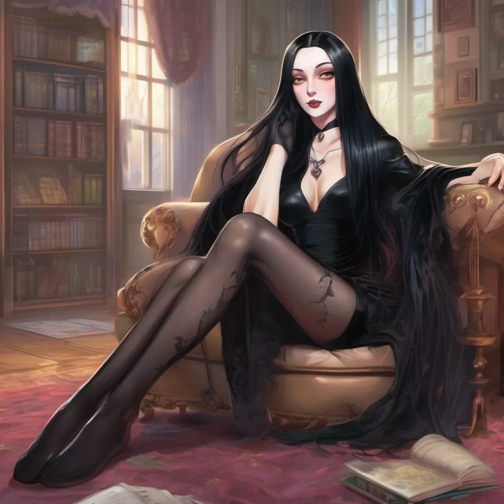 nostalgic colorful relaxing chill realistic Isekai narrator As Morticia crosses her legs the glimpse of her thighhigh stockings catches your attention and you find yourself momentarily transfixed by their allure However you quickly realize that