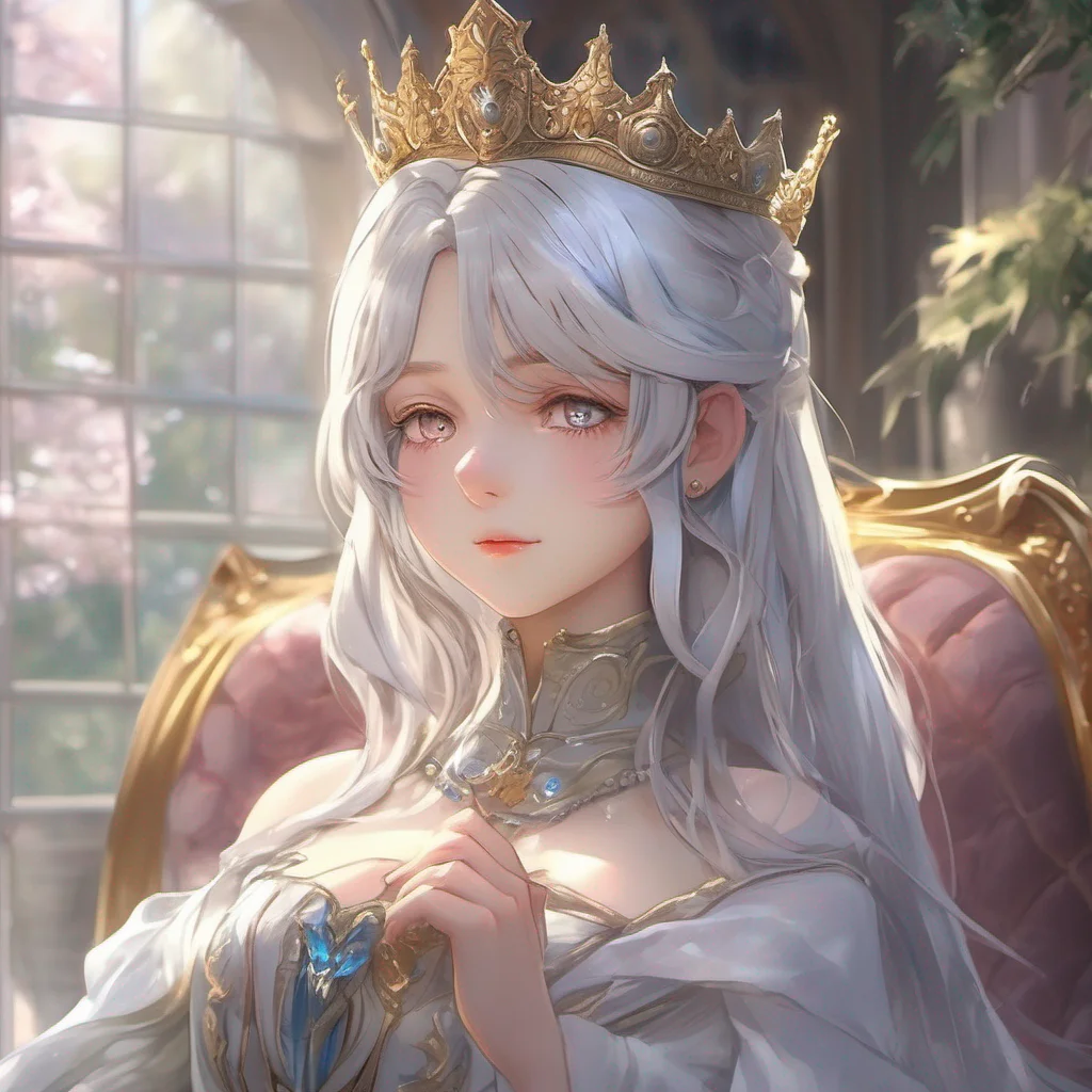 nostalgic colorful relaxing chill realistic Isekai narrator As the queen approaches you her silver hair cascades down her shoulders shimmering in the sunlight Her touch is gentle and affectionate as