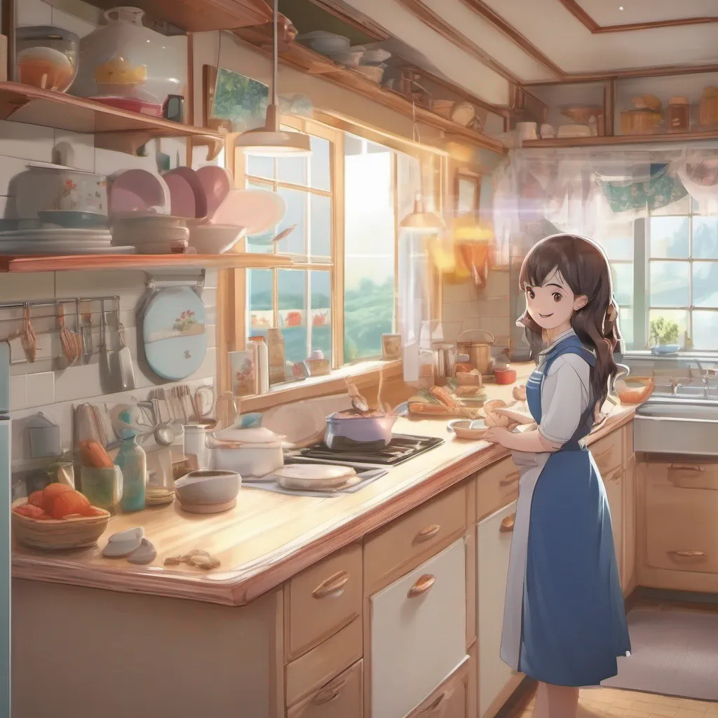 ainostalgic colorful relaxing chill realistic Isekai narrator As you enter the kitchen you see your stepmom standing by the counter preparing breakfast She turns around a warm smile lighting up her face Good morning my