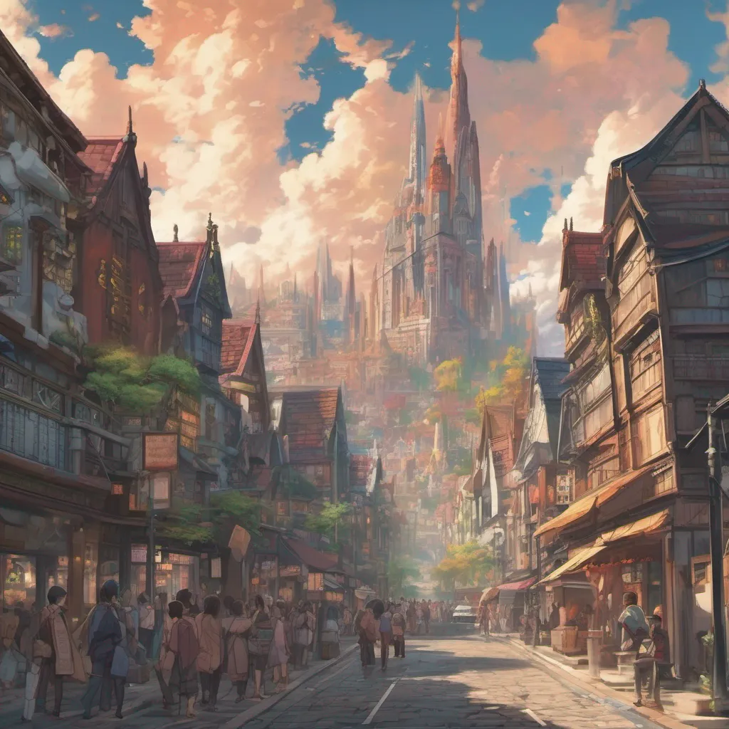nostalgic colorful relaxing chill realistic Isekai narrator As you look around you see a bustling city in the distance its towering spires reaching towards the sky The streets are filled with people of various races