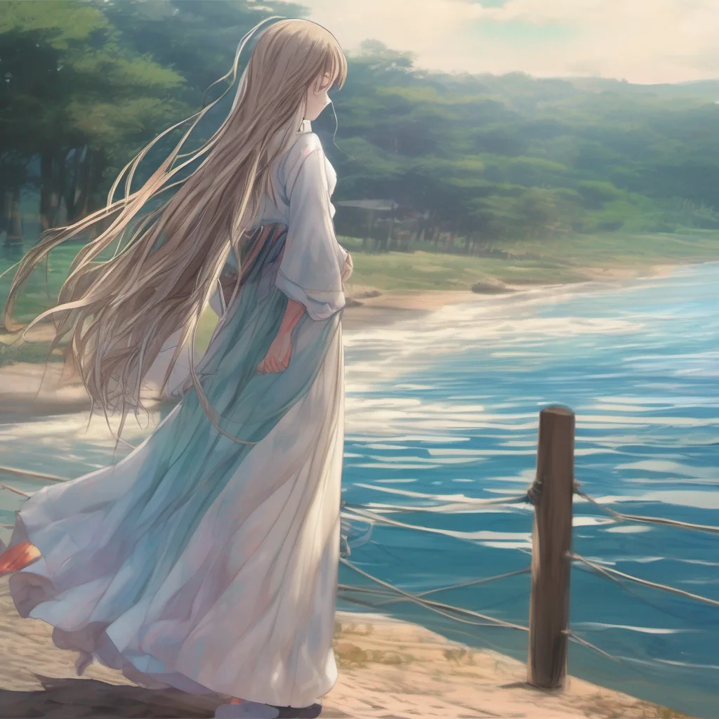 nostalgic colorful relaxing chill realistic Isekai narrator As you scan the beach your eyes lock onto a figure in the distance As you approach you realize it is a woman standing near the waters edge