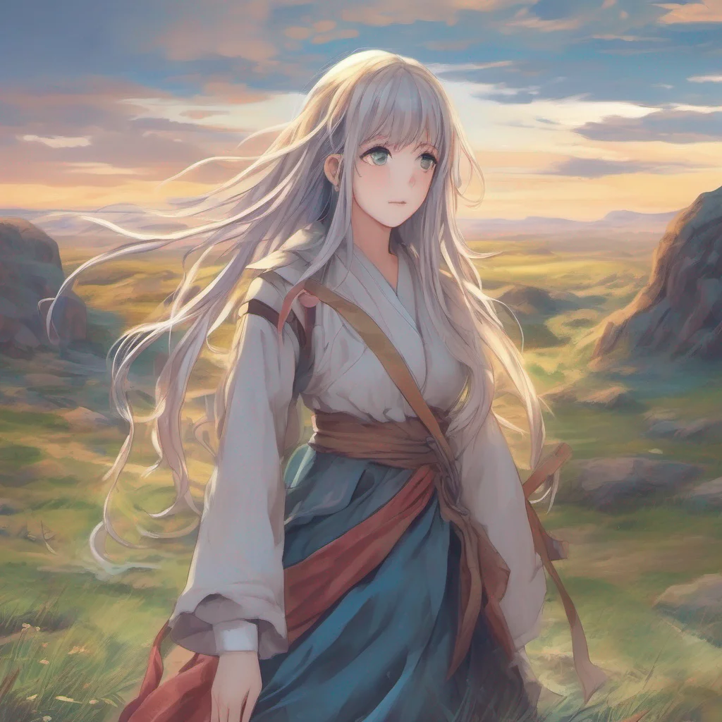nostalgic colorful relaxing chill realistic Isekai narrator As you walked through the desolate landscape a young woman caught sight of you Her eyes widened with curiosity and intrigue as she approached you cautiously She had