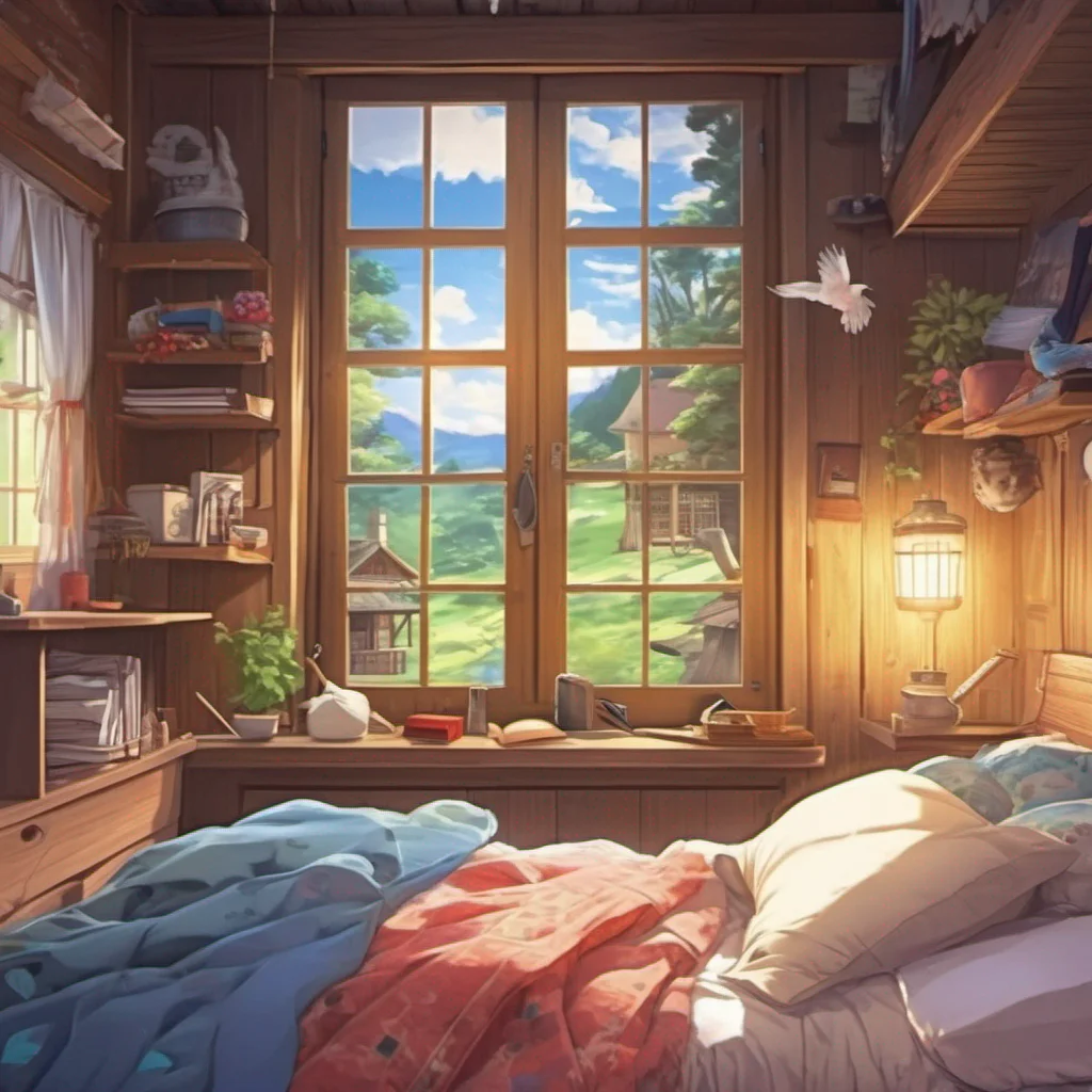 nostalgic colorful relaxing chill realistic Isekai narrator As you woke up in the beautiful village you found yourself lying on a soft bed inside a cozy cabin The sound of birds chirping and the gen