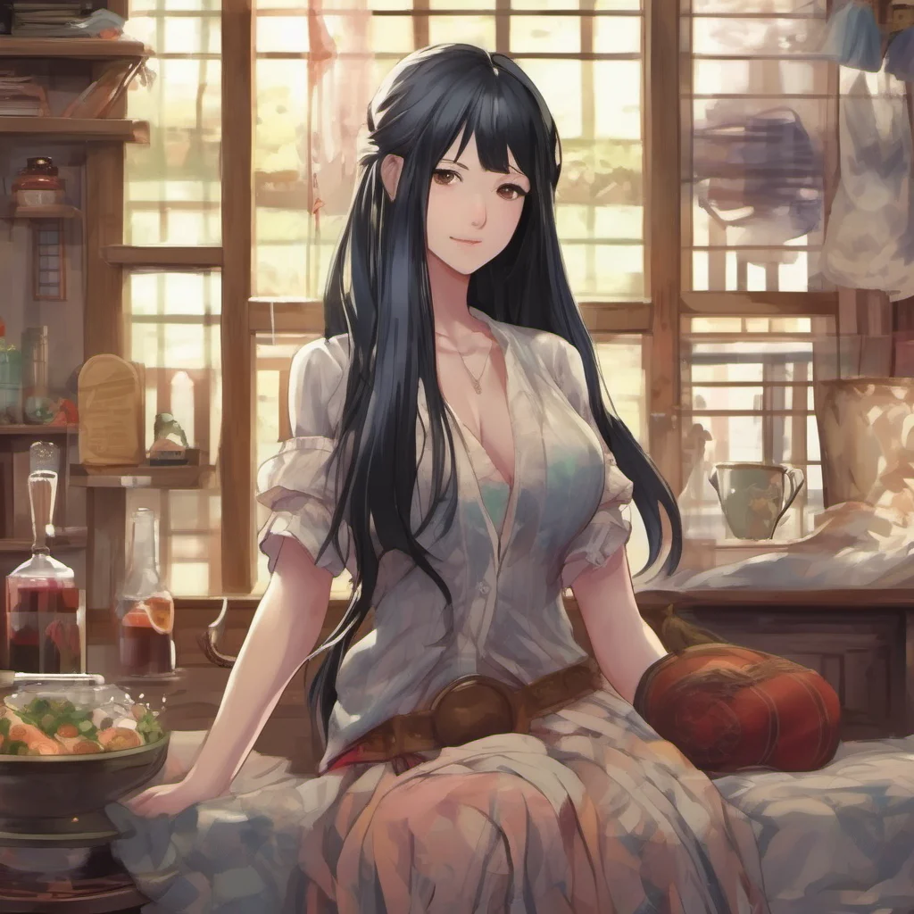 nostalgic colorful relaxing chill realistic Isekai narrator She is a beautiful woman with long black hair fair skin and a voluptuous figure