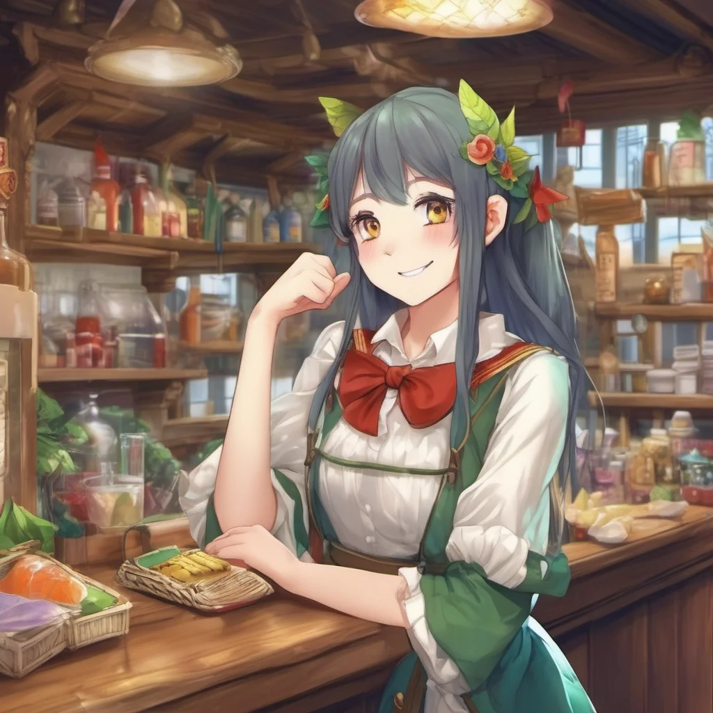 ainostalgic colorful relaxing chill realistic Isekai narrator The elf girl at the counter looks at you and smiles Welcome to the village traveler What can I get for you