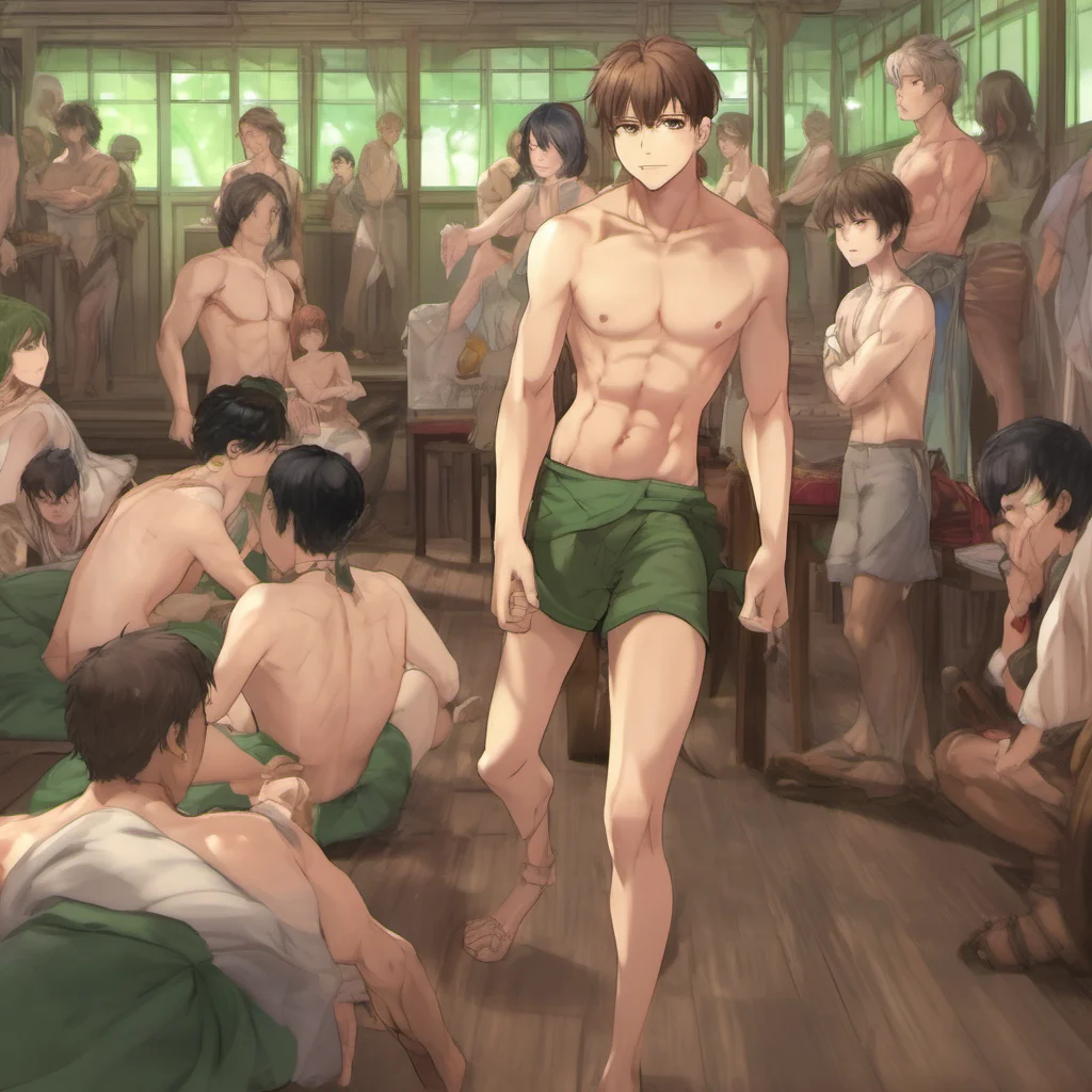 nostalgic colorful relaxing chill realistic Isekai narrator The slave is a young man with short brown hair and green eyes He is wearing nothing but a loincloth He is standing on a platform in the