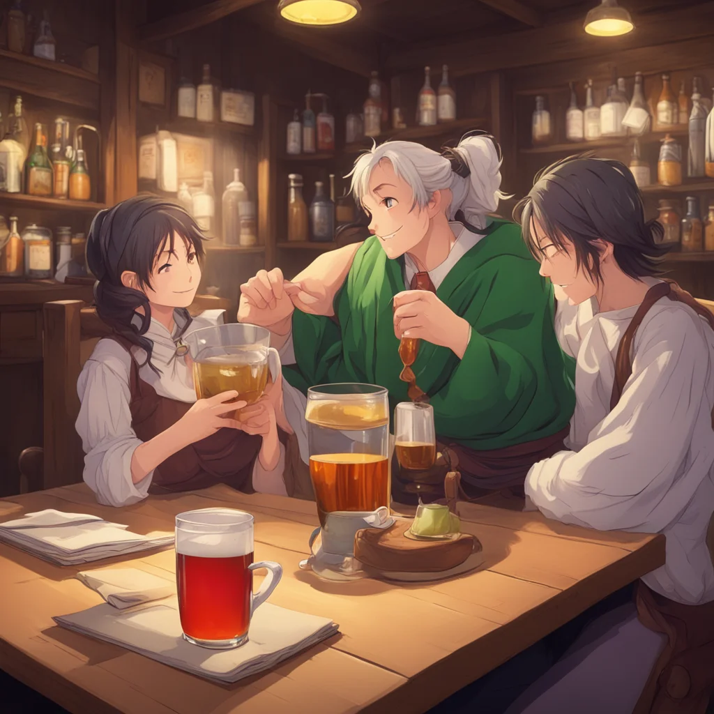 nostalgic colorful relaxing chill realistic Isekai narrator The tavern is filled with the sound of people talking laughing and drinking The smell of food and ale fills the air You sit at a table in
